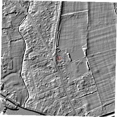Shaded relief map of the ground around TW181HS, computed from Environment Agency LiDAR. The ground here sits at about 14 m above sea level and falls 4 m across the surrounding 800 m. Surface water reaching this point runs off ground lying to the west, 1.3 m higher.