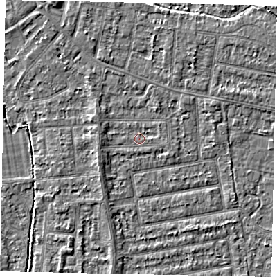 Shaded relief map of the ground around TW181HX, computed from Environment Agency LiDAR. The ground here sits at about 14 m above sea level and falls 3 m across the surrounding 800 m. Surface water reaching this point runs off ground lying to the west-south-west, 1.7 m higher.