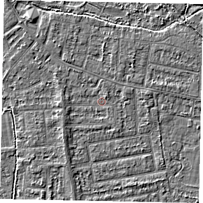 Shaded relief map of the ground around TW181HY, computed from Environment Agency LiDAR. The ground here sits at about 14 m above sea level and falls 3 m across the surrounding 800 m. Surface water reaching this point runs off ground lying to the west-south-west, 1.7 m higher.