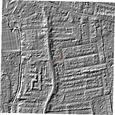 Shaded relief map of the ground around TW181HZ, computed from Environment Agency LiDAR. The ground here sits at about 14 m above sea level and falls 3 m across the surrounding 800 m. Surface water reaching this point runs off ground lying to the west-north-west, 1.1 m higher.