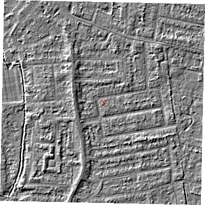Shaded relief map of the ground around TW181JA, computed from Environment Agency LiDAR. The ground here sits at about 14 m above sea level and falls 3 m across the surrounding 800 m. Surface water reaching this point runs off ground lying to the west, 0.5 m higher.
