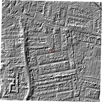 Shaded relief map of the ground around TW181JB, computed from Environment Agency LiDAR. The ground here sits at about 14 m above sea level and falls 3 m across the surrounding 800 m. Surface water reaching this point runs off ground lying to the west, 1.7 m higher.