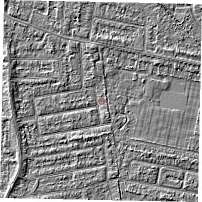 Shaded relief map of the ground around TW181JD, computed from Environment Agency LiDAR. The ground here sits at about 14 m above sea level and falls 2 m across the surrounding 800 m. Surface water reaching this point runs off ground lying to the west, 2.0 m higher.