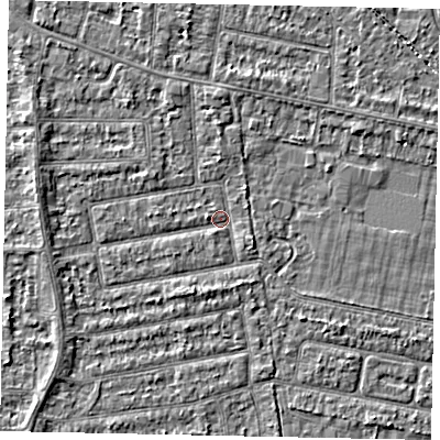 Shaded relief map of the ground around TW181JE, computed from Environment Agency LiDAR. The ground here sits at about 14 m above sea level and falls 2 m across the surrounding 800 m. Surface water reaching this point runs off ground lying to the west-north-west, 2.0 m higher.