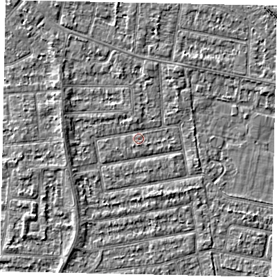 Shaded relief map of the ground around TW181JF, computed from Environment Agency LiDAR. The ground here sits at about 14 m above sea level and falls 3 m across the surrounding 800 m. Surface water reaching this point runs off ground lying to the west-north-west, 1.7 m higher.