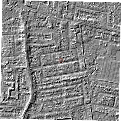 Shaded relief map of the ground around TW181JG, computed from Environment Agency LiDAR. The ground here sits at about 14 m above sea level and falls 3 m across the surrounding 800 m. Surface water reaching this point runs off ground lying to the west, 1.7 m higher.