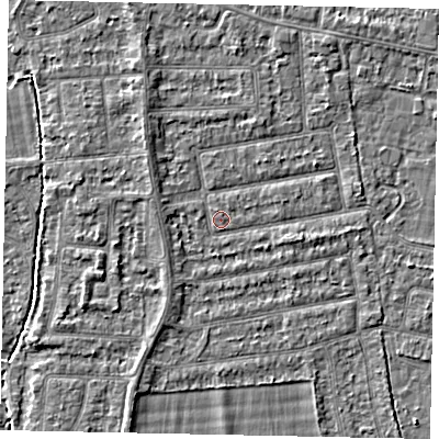 Shaded relief map of the ground around TW181JH, computed from Environment Agency LiDAR. The ground here sits at about 14 m above sea level and falls 3 m across the surrounding 800 m. Surface water reaching this point runs off ground lying to the west-north-west, 1.5 m higher.