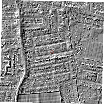 Shaded relief map of the ground around TW181JJ, computed from Environment Agency LiDAR. The ground here sits at about 14 m above sea level and falls 2 m across the surrounding 800 m. Surface water reaching this point runs off ground lying to the west, 1.5 m higher.