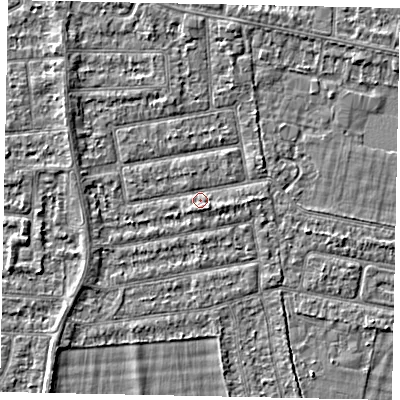 Shaded relief map of the ground around TW181JL, computed from Environment Agency LiDAR. The ground here sits at about 14 m above sea level and falls 2 m across the surrounding 800 m. Surface water reaching this point runs off ground lying to the west-north-west, 1.5 m higher.
