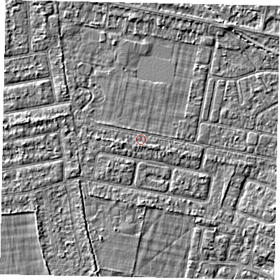 Shaded relief map of the ground around TW181JN, computed from Environment Agency LiDAR. The ground here sits at about 14 m above sea level and falls 3 m across the surrounding 800 m. Surface water reaching this point runs off ground lying to the west, 0.8 m higher.