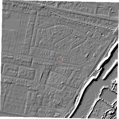 Shaded relief map of the ground around TW181JP, computed from Environment Agency LiDAR. The ground here sits at about 13 m above sea level and falls 7 m across the surrounding 800 m. Surface water reaching this point runs off ground lying to the west-south-west, 0.7 m higher.