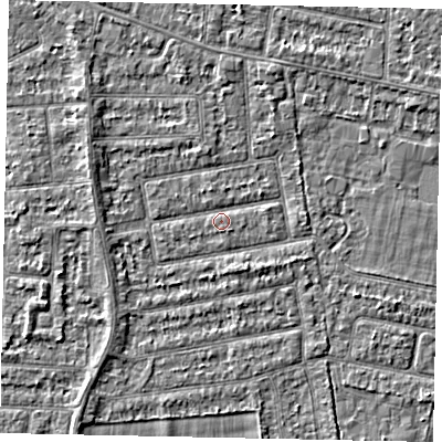 Shaded relief map of the ground around TW181JQ, computed from Environment Agency LiDAR. The ground here sits at about 14 m above sea level and falls 2 m across the surrounding 800 m. Surface water reaching this point runs off ground lying to the west, 1.7 m higher.