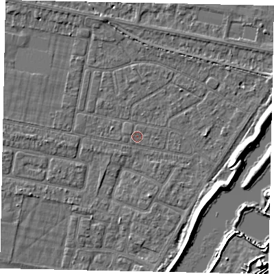 Shaded relief map of the ground around TW181JR, computed from Environment Agency LiDAR. The ground here sits at about 14 m above sea level and falls 7 m across the surrounding 800 m. Surface water reaching this point runs off ground lying to the west-south-west, 0.5 m higher.