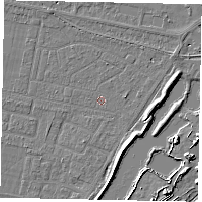 Shaded relief map of the ground around TW181JS, computed from Environment Agency LiDAR. The ground here sits at about 13 m above sea level and falls 8 m across the surrounding 800 m. Surface water reaching this point runs off ground lying to the east-south-east, 5.9 m higher.