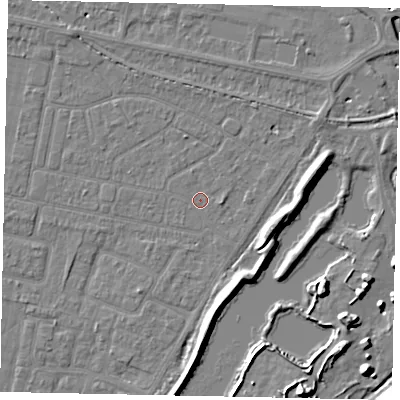 Shaded relief map of the ground around TW181JT, computed from Environment Agency LiDAR. The ground here sits at about 13 m above sea level and falls 11 m across the surrounding 800 m. Surface water reaching this point runs off ground lying to the east-south-east, 5.9 m higher.