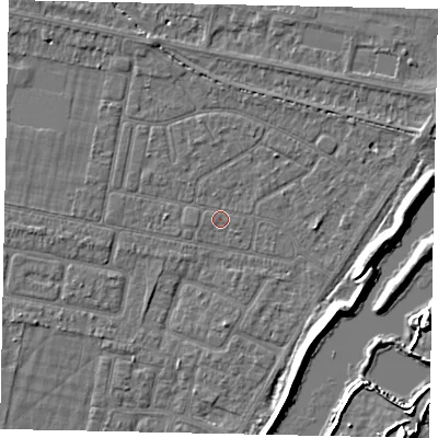 Shaded relief map of the ground around TW181JU, computed from Environment Agency LiDAR. The ground here sits at about 14 m above sea level and falls 7 m across the surrounding 800 m. Surface water reaching this point runs off ground lying to the west, 0.9 m higher.