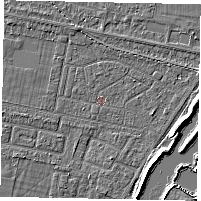 Shaded relief map of the ground around TW181JX, computed from Environment Agency LiDAR. The ground here sits at about 14 m above sea level and falls 6 m across the surrounding 800 m. Surface water reaching this point runs off ground lying to the west-south-west, 0.9 m higher.