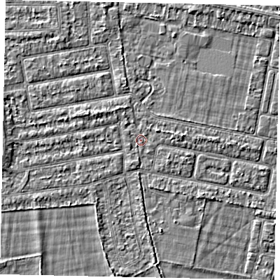 Shaded relief map of the ground around TW181JY, computed from Environment Agency LiDAR. The ground here sits at about 14 m above sea level and falls 2 m across the surrounding 800 m. Surface water reaching this point runs off ground lying to the east-north-east, 0.9 m higher.