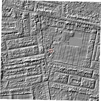 Shaded relief map of the ground around TW181JZ, computed from Environment Agency LiDAR. The ground here sits at about 14 m above sea level and falls 2 m across the surrounding 800 m. Surface water reaching this point runs off ground lying to the north-north-west, 1.6 m higher.