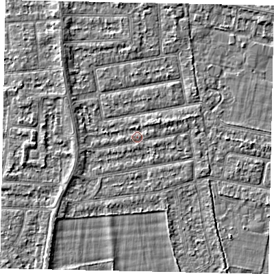 Shaded relief map of the ground around TW181LH, computed from Environment Agency LiDAR. The ground here sits at about 14 m above sea level and falls 2 m across the surrounding 800 m. Surface water reaching this point runs off ground lying to the west-south-west, 1.0 m higher.