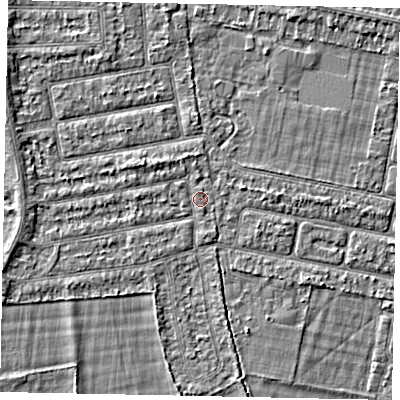 Shaded relief map of the ground around TW181LJ, computed from Environment Agency LiDAR. The ground here sits at about 14 m above sea level and falls 2 m across the surrounding 800 m. Surface water reaching this point runs off ground lying to the west-north-west, 1.4 m higher.