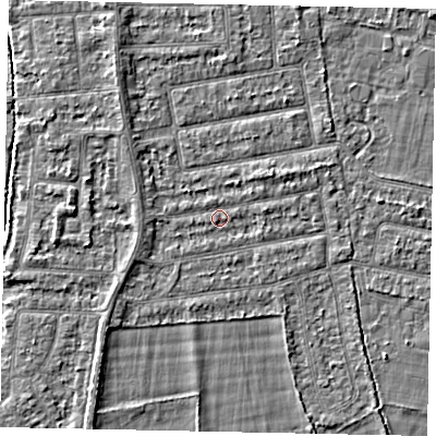 Shaded relief map of the ground around TW181LP, computed from Environment Agency LiDAR. The ground here sits at about 14 m above sea level and falls 3 m across the surrounding 800 m. Surface water reaching this point runs off ground lying to the west-south-west, 1.3 m higher.