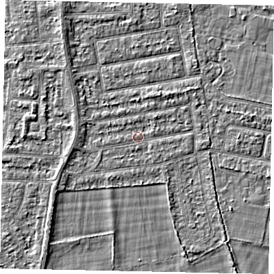 Shaded relief map of the ground around TW181LS, computed from Environment Agency LiDAR. The ground here sits at about 14 m above sea level and falls 2 m across the surrounding 800 m. The ground contributing surface water to this point lies to the west-south-west.