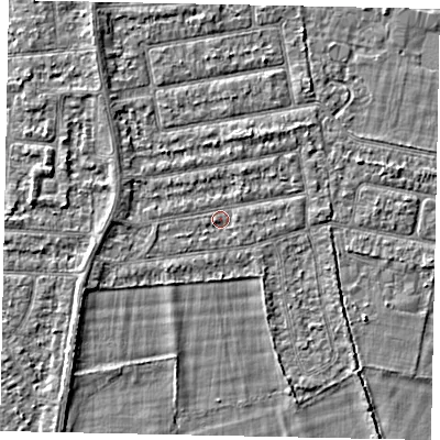 Shaded relief map of the ground around TW181LT, computed from Environment Agency LiDAR. The ground here sits at about 14 m above sea level and falls 2 m across the surrounding 800 m. Surface water reaching this point runs off ground lying to the west-south-west, 1.4 m higher.