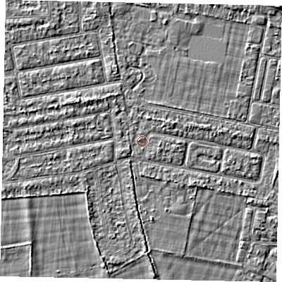 Shaded relief map of the ground around TW181LU, computed from Environment Agency LiDAR. The ground here sits at about 14 m above sea level and falls 2 m across the surrounding 800 m. Surface water reaching this point runs off ground lying to the north-north-east, 1.0 m higher.
