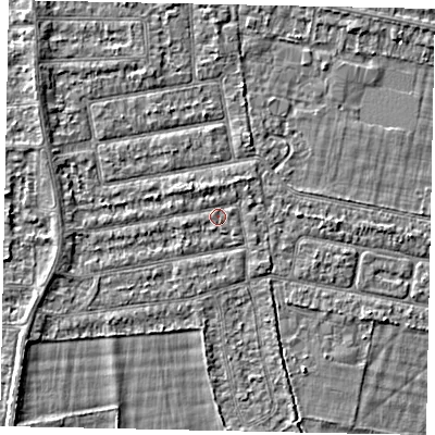 Shaded relief map of the ground around TW181LW, computed from Environment Agency LiDAR. The ground here sits at about 14 m above sea level and falls 2 m across the surrounding 800 m. Surface water reaching this point runs off ground lying to the north-west, 1.2 m higher.
