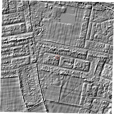Shaded relief map of the ground around TW181LX, computed from Environment Agency LiDAR. The ground here sits at about 14 m above sea level and falls 2 m across the surrounding 800 m. Surface water reaching this point runs off ground lying to the north-north-west, 1.0 m higher.
