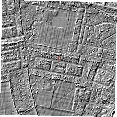Shaded relief map of the ground around TW181LY, computed from Environment Agency LiDAR. The ground here sits at about 14 m above sea level and falls 6 m across the surrounding 800 m. Surface water reaching this point runs off ground lying to the west-north-west, 1.1 m higher.