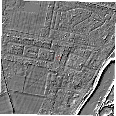 Shaded relief map of the ground around TW181LZ, computed from Environment Agency LiDAR. The ground here sits at about 13 m above sea level and falls 8 m across the surrounding 800 m. Surface water reaching this point runs off ground lying to the west-north-west, 1.4 m higher.
