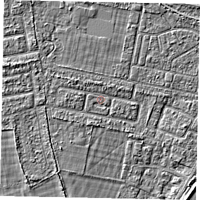 Shaded relief map of the ground around TW181NA, computed from Environment Agency LiDAR. The ground here sits at about 14 m above sea level and falls 6 m across the surrounding 800 m. Surface water reaching this point runs off ground lying to the north-west, 1.1 m higher.