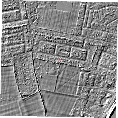 Shaded relief map of the ground around TW181NB, computed from Environment Agency LiDAR. The ground here sits at about 14 m above sea level and falls 6 m across the surrounding 800 m. Surface water reaching this point runs off ground lying to the north-west, 1.2 m higher.