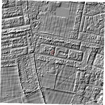 Shaded relief map of the ground around TW181ND, computed from Environment Agency LiDAR. The ground here sits at about 14 m above sea level and falls 2 m across the surrounding 800 m. Surface water reaching this point runs off ground lying to the north-north-west, 0.8 m higher.
