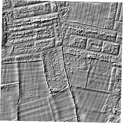 Shaded relief map of the ground around TW181NE, computed from Environment Agency LiDAR. The ground here sits at about 14 m above sea level and falls 2 m across the surrounding 800 m. Surface water reaching this point runs off ground lying to the south-south-east, 1.1 m higher.