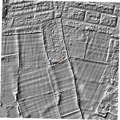 Shaded relief map of the ground around TW181NF, computed from Environment Agency LiDAR. The ground here sits at about 14 m above sea level and falls 3 m across the surrounding 800 m. Surface water reaching this point runs off ground lying to the north-north-east, 1.0 m higher.
