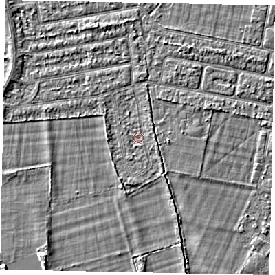 Shaded relief map of the ground around TW181NG, computed from Environment Agency LiDAR. The ground here sits at about 14 m above sea level and falls 3 m across the surrounding 800 m. Surface water reaching this point runs off ground lying to the north-north-west, 1.5 m higher.