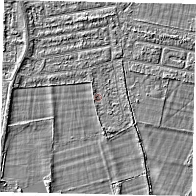 Shaded relief map of the ground around TW181NH, computed from Environment Agency LiDAR. The ground here sits at about 14 m above sea level and falls 3 m across the surrounding 800 m. Surface water reaching this point runs off ground lying to the north-west, 0.9 m higher.