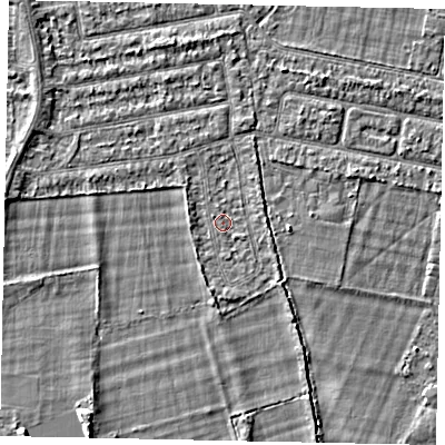 Shaded relief map of the ground around TW181NQ, computed from Environment Agency LiDAR. The ground here sits at about 14 m above sea level and falls 3 m across the surrounding 800 m. Surface water reaching this point runs off ground lying to the west, 1.6 m higher.