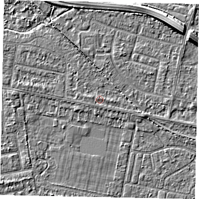 Shaded relief map of the ground around TW181PA, computed from Environment Agency LiDAR. The ground here sits at about 15 m above sea level and falls 7 m across the surrounding 800 m. Surface water reaching this point runs off ground lying to the east-south-east, 1.1 m higher.