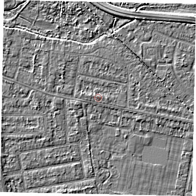 Shaded relief map of the ground around TW181PB, computed from Environment Agency LiDAR. The ground here sits at about 15 m above sea level and falls 3 m across the surrounding 800 m. Surface water reaching this point runs off ground lying to the west-north-west, 1.0 m higher.