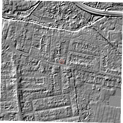 Shaded relief map of the ground around TW181PD, computed from Environment Agency LiDAR. The ground here sits at about 15 m above sea level and falls 3 m across the surrounding 800 m. Surface water reaching this point runs off ground lying to the north-west, 0.6 m higher.