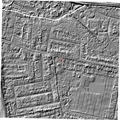 Shaded relief map of the ground around TW181PE, computed from Environment Agency LiDAR. The ground here sits at about 14 m above sea level and falls 3 m across the surrounding 800 m. Surface water reaching this point runs off ground lying to the south-south-west, 0.6 m higher.
