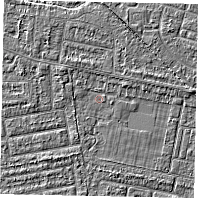 Shaded relief map of the ground around TW181PF, computed from Environment Agency LiDAR. The ground here sits at about 14 m above sea level and falls 2 m across the surrounding 800 m. Surface water reaching this point runs off ground lying to the east-north-east, 1.0 m higher.