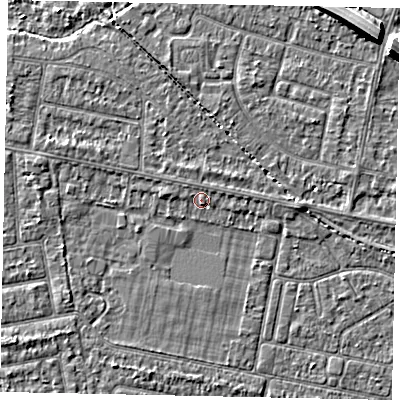 Shaded relief map of the ground around TW181PG, computed from Environment Agency LiDAR. The ground here sits at about 14 m above sea level and falls 7 m across the surrounding 800 m. Surface water reaching this point runs off ground lying to the north-west, 0.7 m higher.