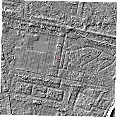 Shaded relief map of the ground around TW181PH, computed from Environment Agency LiDAR. The ground here sits at about 14 m above sea level and falls 6 m across the surrounding 800 m. Surface water reaching this point runs off ground lying to the west-south-west, 0.6 m higher.