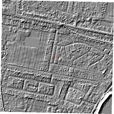 Shaded relief map of the ground around TW181PJ, computed from Environment Agency LiDAR. The ground here sits at about 14 m above sea level and falls 6 m across the surrounding 800 m. The ground contributing surface water to this point lies to the west-south-west.