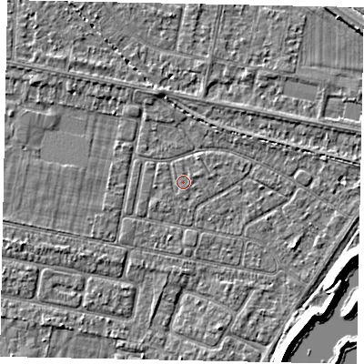 Shaded relief map of the ground around TW181PL, computed from Environment Agency LiDAR. The ground here sits at about 14 m above sea level and falls 6 m across the surrounding 800 m. The ground contributing surface water to this point lies to the south.